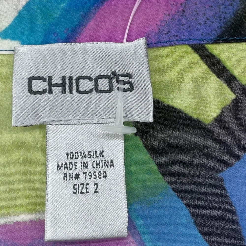 Chico's Size 2 Large 100% Silk‎ Blouse Blue Green Abstract Print Top 100% Silk - Picture 3 of 7